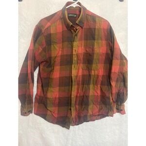 Orvis Mens Plaid Button Up Long Sleeve Shirt‎ Red Brown Outdoors